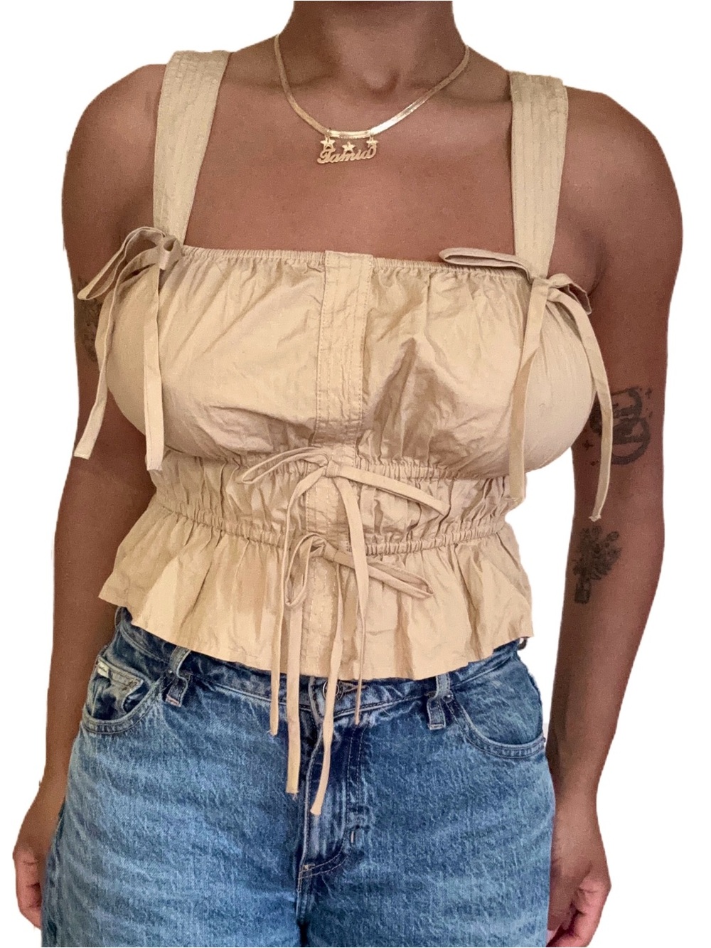 LOFT cream / tan colored tie front top